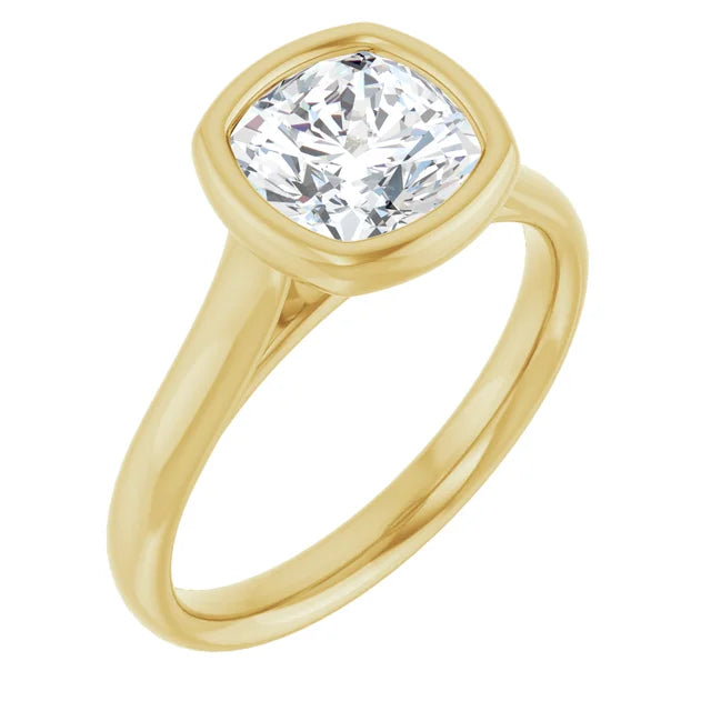 Cushion Yellow Gold Bezel Solitaire Lab Diamond Engagement Ring 