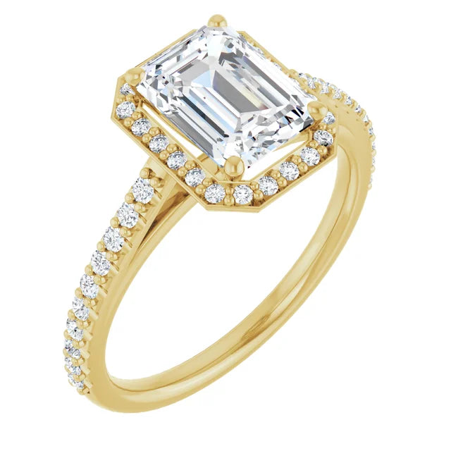 Emerald Yellow Gold Halo Lab Diamond Engagement Ring 