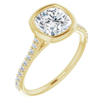 Cushion Yellow Gold Bezel Pave Lab Diamond Engagement Ring 
