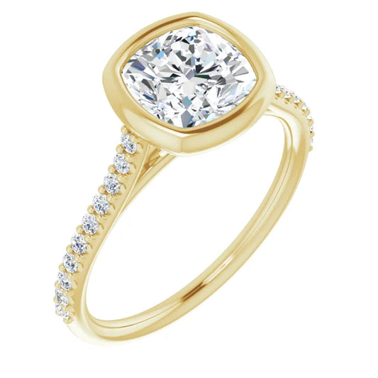 Cushion Yellow Gold Bezel Pave Lab Diamond Engagement Ring 