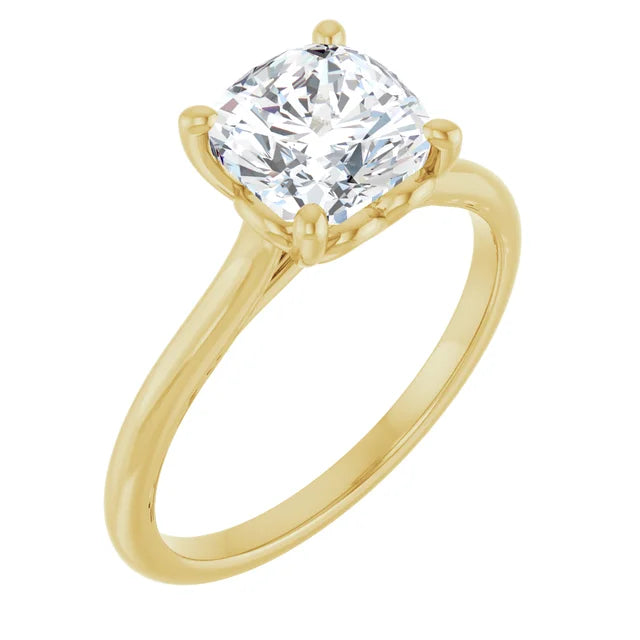 Cushion Yellow Gold Four Claw Solitaire Lab Diamond Engagement Ring 