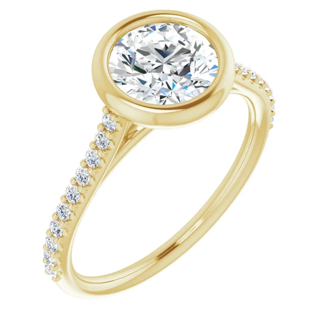 Round Brilliant Yellow Gold Bezel Pave Lab Diamond Engagement Ring 
