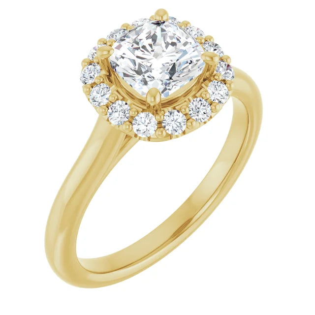Cushion Halo Solitaire Yellow Gold Lab Diamond Engagement Ring 