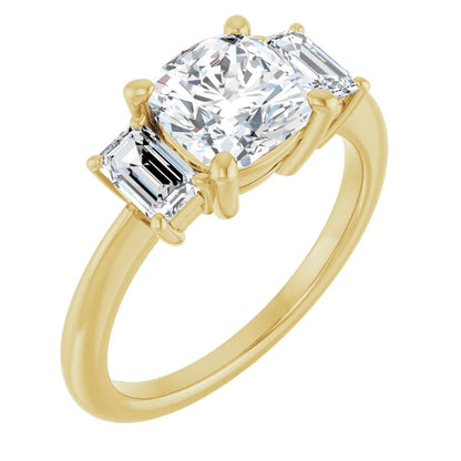Cushion Yellow Gold Tri Stone Lab Diamond Engagement Ring
