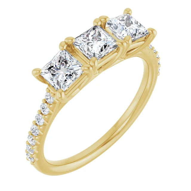 Princess Yellow Gold Tri Stone Lab Diamonds Engagement Ring 
