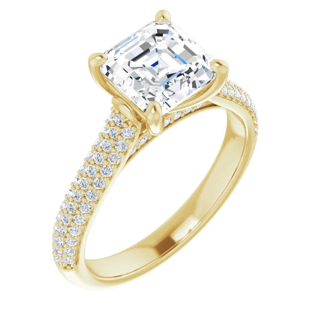 Asscher Yellow Gold Pave Lab Diamond Engagement Ring 