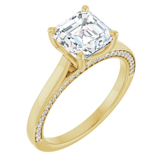 Asscher Yellow Gold Solitaire & Hidden Diamond Band Engagement Ring