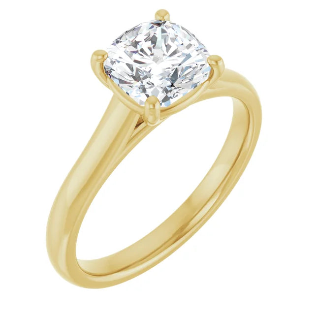 Four Claw Cushion Yellow Gold Solitaire Lab Diamond Engagement Ring