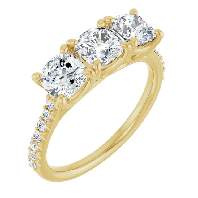 Cushion Yellow Gold Tri Stone Lab Diamonds Engagement Ring 