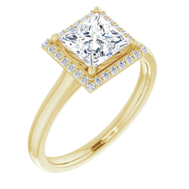 Princess Halo Solitaire Lab Diamond Engagement Ring Yellow Gold. 