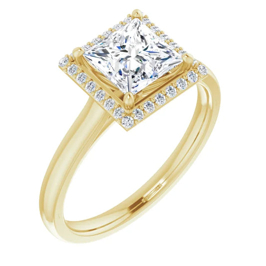 Princess Halo Solitaire Lab Diamond Engagement Ring Yellow Gold. 