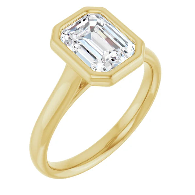 Emerald Yellow Gold Bezel Solitaire Lab Diamond Engagement Ring 