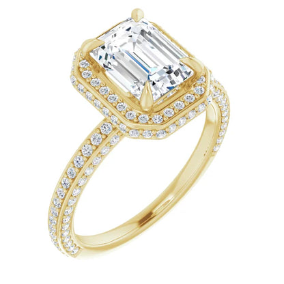 Emerald Yellow Gold Halo Pave Style Lab Diamond Engagement Ring 
