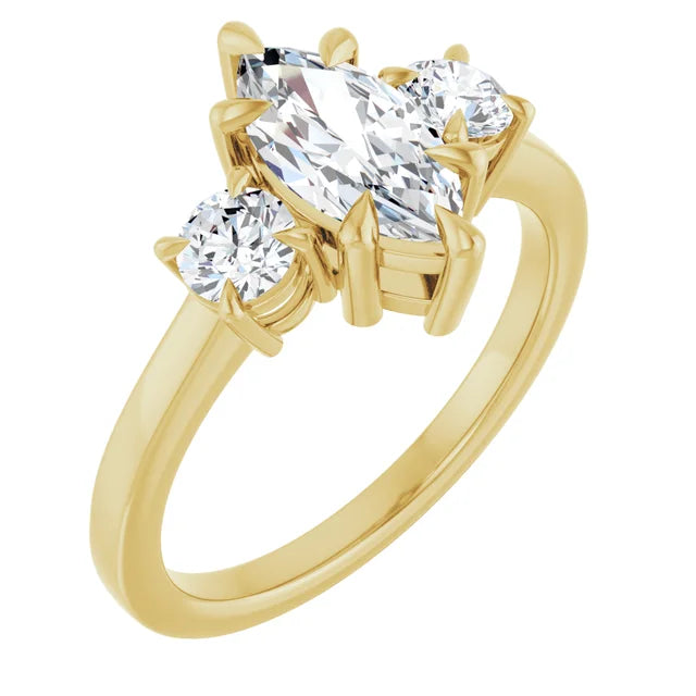 Marquise Yellow Gold Tri Stone Lab Diamond Engagement Ring 