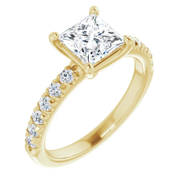 Princess Yellow Gold Four Claw Pave Band Lab Diamond Engagement Ring 