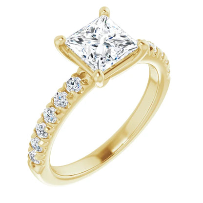 Princess Yellow Gold Four Claw Pave Band Lab Diamond Engagement Ring 