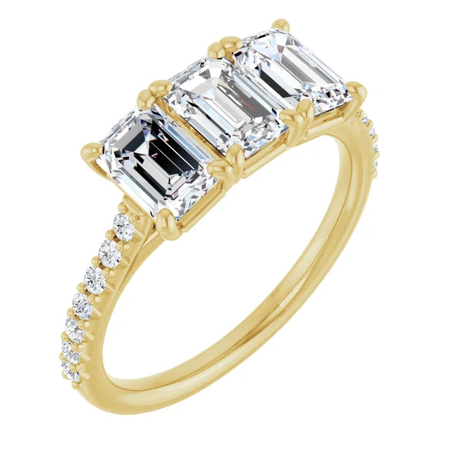 Emerald Yellow Gold Tri Stone Lab Diamonds Engagement Ring 