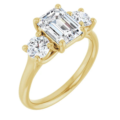 Emerald Yellow Gold Tri Stone Lab Diamond Engagement Ring