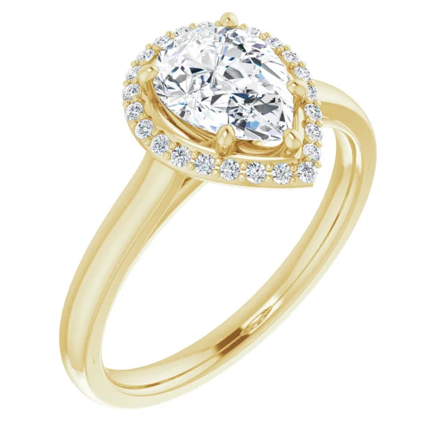 Pear Halo Solitaire Lab Diamond Engagement Ring Yellow Gold. 