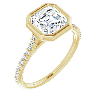 Asscher Yellow Gold Bezel Pave Lab Diamond Engagement Ring 