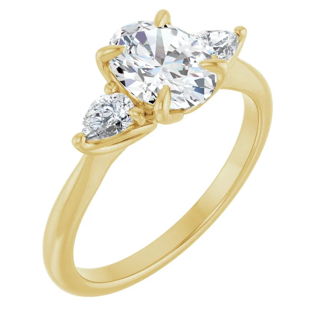 Oval Yellow Gold Tri -Stone Style Pear Accent Engagement Ring