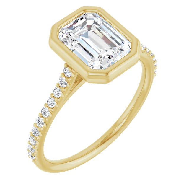 Emerald Yellow Gold Bezel Pave Lab Diamond Engagement Ring 