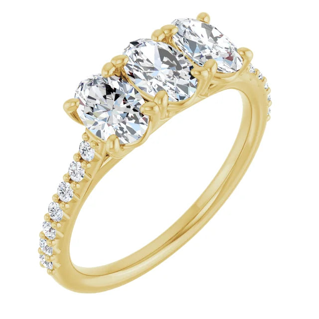 Oval Yellow Gold Tri Stone Lab Diamonds Engagement Ring 
