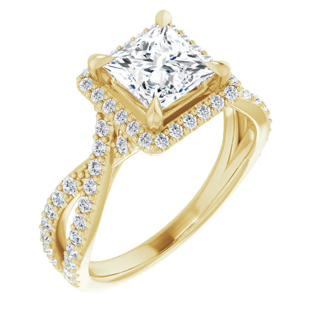 Princess Yellow Gold Twist Band Halo Lab Diamond Engagement Ring  