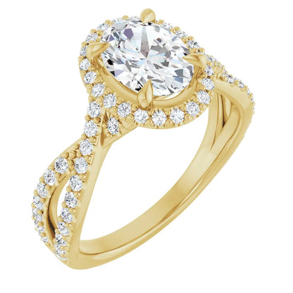 Oval Yellow Gold Twist Band Halo Lab Diamond Engagement Ring  
