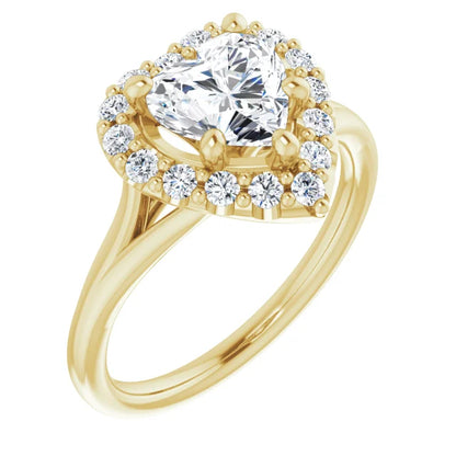 Heart Yellow Gold Halo Solitaire Split Band Lab Diamond Engagement Ring 