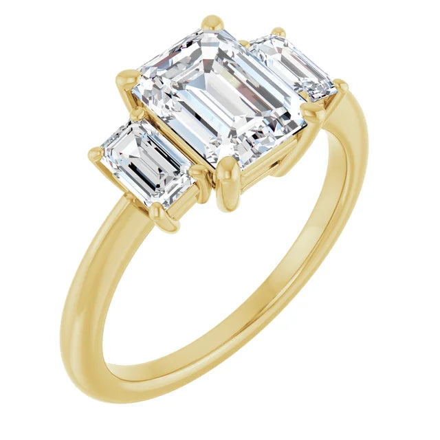 Emerald Yellow Gold Tri Stone Lab Diamond Engagement Ring