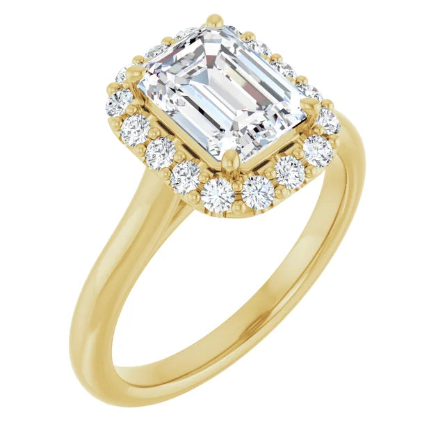 Emerald Halo Solitaire Yellow Gold Lab Diamond Engagement Ring 