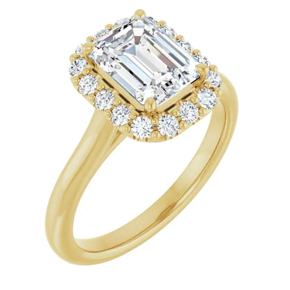 Emerald Halo Solitaire Yellow Gold Lab Diamond Engagement Ring 