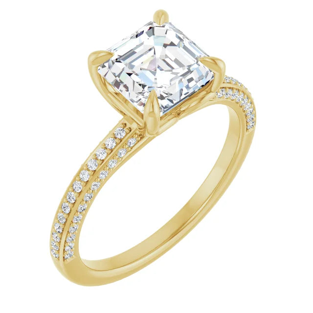 Asscher Yellow Gold Pave Lab Diamond Engagement Ring 