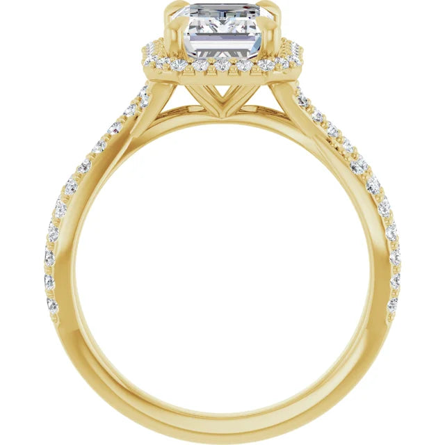 Emerald Yellow Gold Twist Band Halo Lab Diamond Engagement Ring  