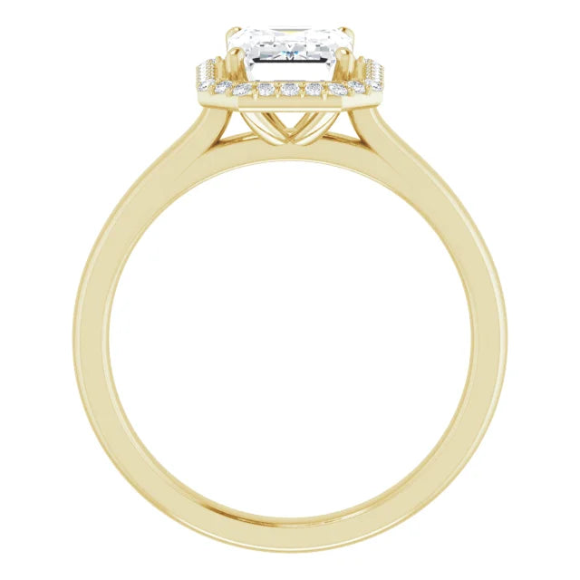 Emerald Halo Solitaire Lab Diamond Engagement Ring Yellow Gold. 