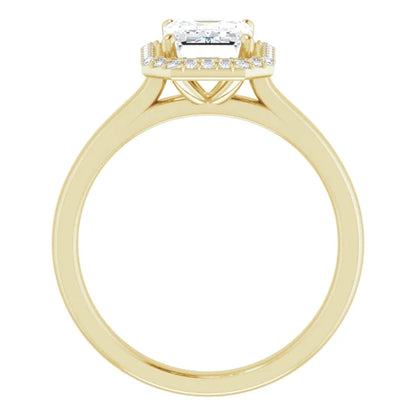 Emerald Halo Solitaire Lab Diamond Engagement Ring Yellow Gold. 
