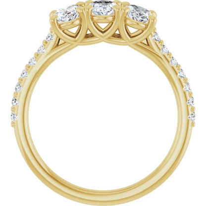 Oval Yellow Gold Tri Stone Lab Diamonds Engagement Ring 