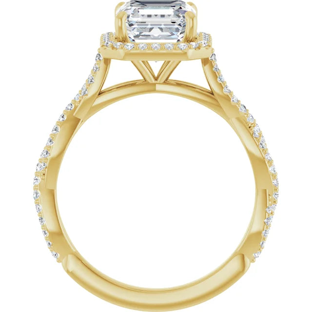 Asscher Yellow Gold Halo Twist Pave Moissanite Engagement Ring 