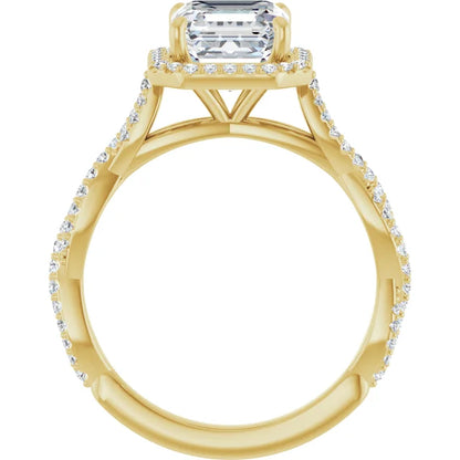 Asscher Yellow Gold Halo Twist Pave Moissanite Engagement Ring 