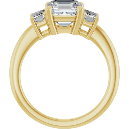 Asscher Yellow Gold Tri Stone Lab Diamond Engagement Ring