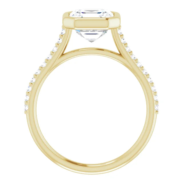 Asscher Yellow Gold Bezel Pave Lab Diamond Engagement Ring 
