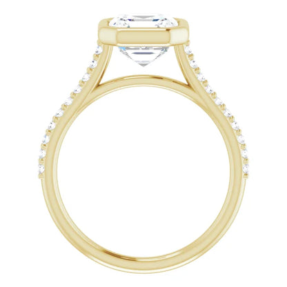 Asscher Yellow Gold Bezel Pave Lab Diamond Engagement Ring 