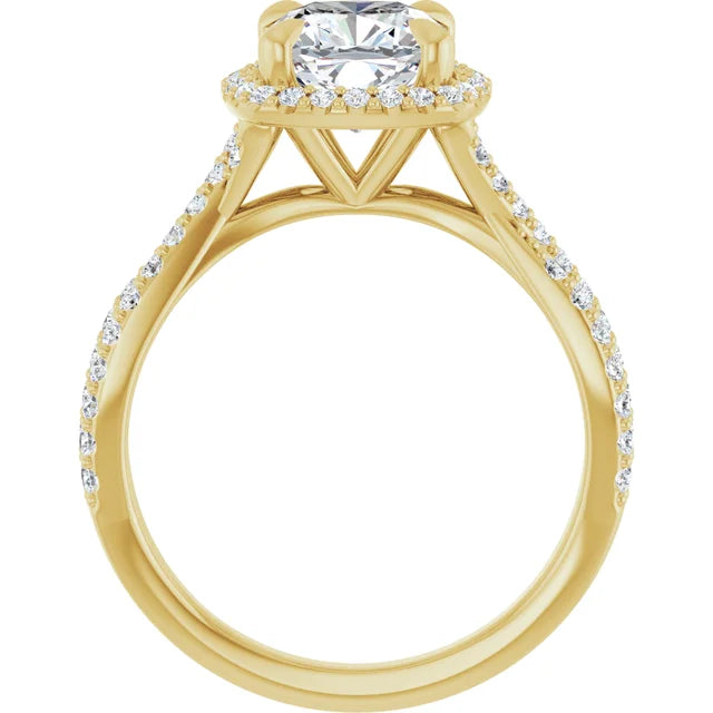 Cushion Yellow Gold Twist Band Halo Lab Diamond Engagement Ring  