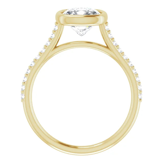 Cushion Yellow Gold Bezel Pave Lab Diamond Engagement Ring 