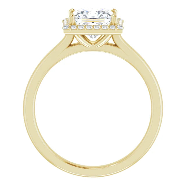 Princess Halo Solitaire Lab Diamond Engagement Ring Yellow Gold. 