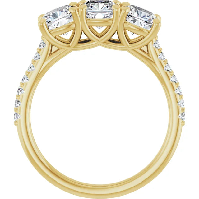 Cushion Yellow Gold Tri Stone Lab Diamonds Engagement Ring 