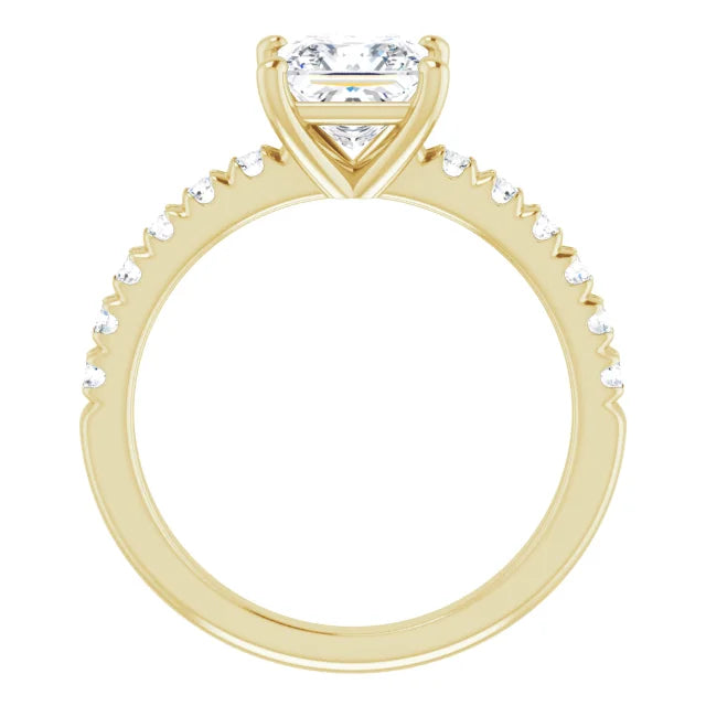 Princess Yellow Gold Four Claw Pave Band Lab Diamond Engagement Ring 