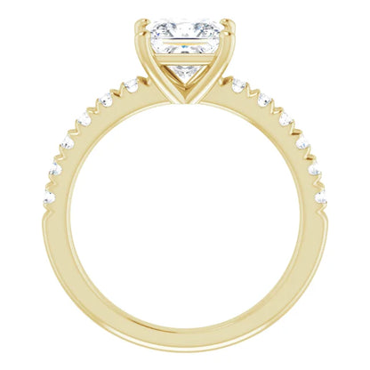 Princess Yellow Gold Four Claw Pave Band Lab Diamond Engagement Ring 
