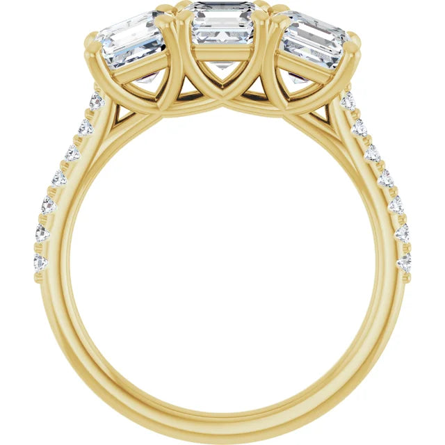 Asscher Yellow Gold Tri Stone Lab Diamonds Engagement Ring 